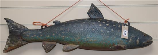 A carved wood rainbow trout fishmongers sign 80cm long